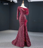 Red One Shoulder Sexy Sequin Formal Evening Dress - FashionByTeresa